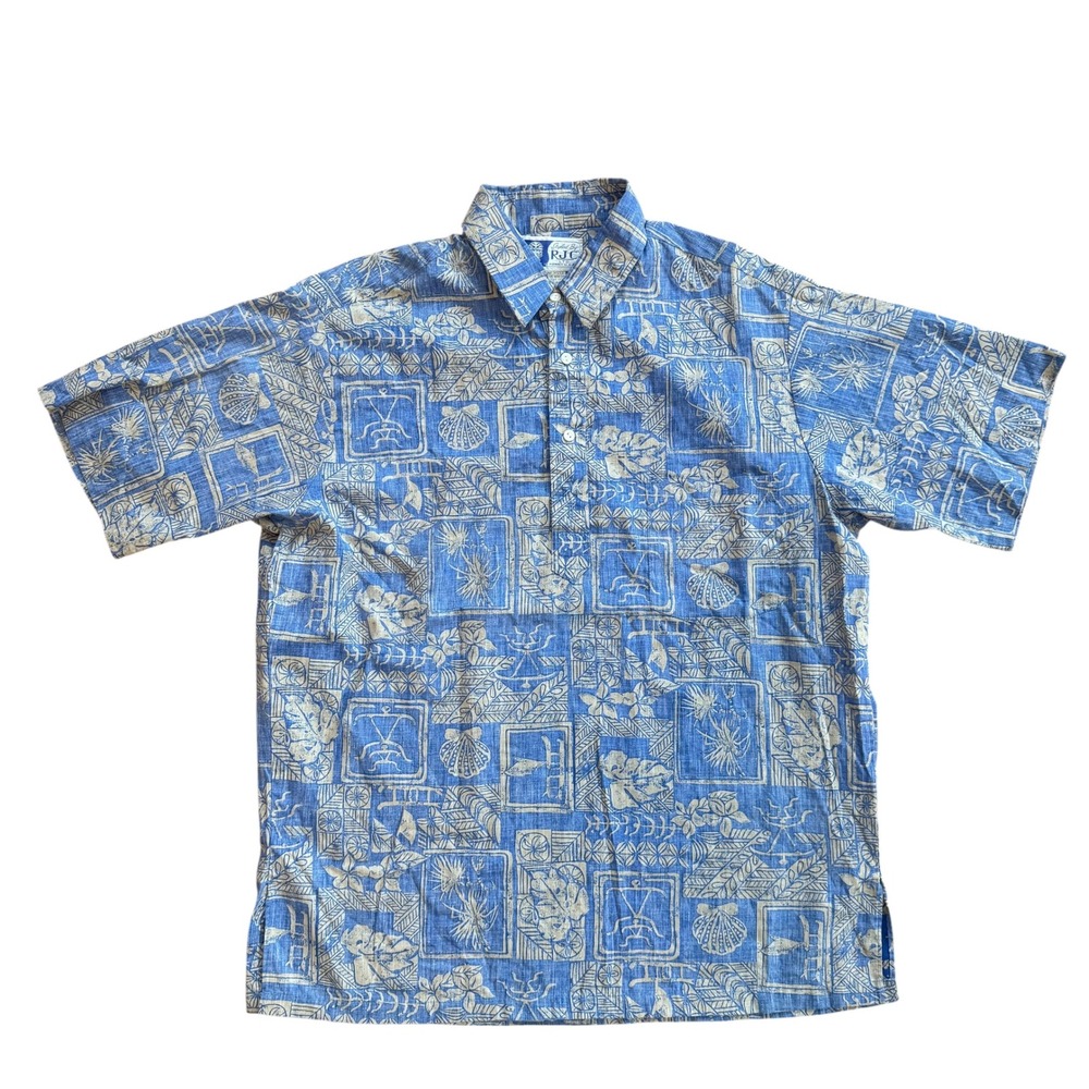Vintage RJC Hawaii‎ Mens Blue Tapa Print Popover Aloha Shirt Style 8316 Large